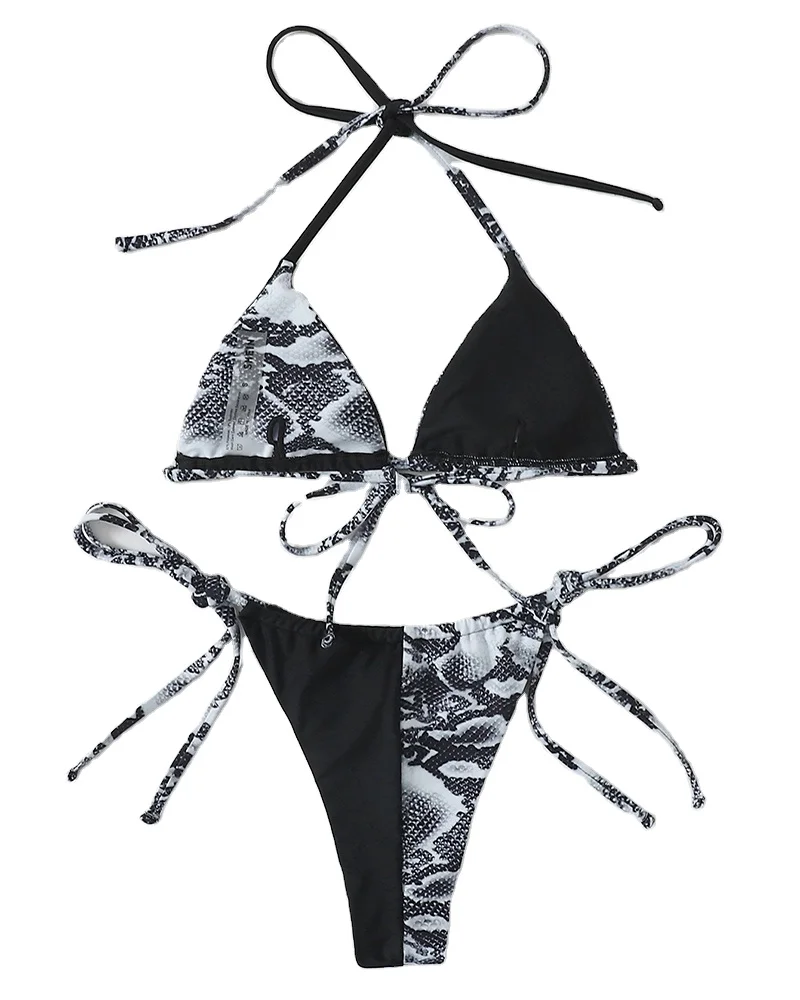 

Women Sexy Halter Thong Bikini Tie Two Sides Bottom Triangle Bikini Set Snakeskin Print Swimsuits Two Piece Bathing Suit