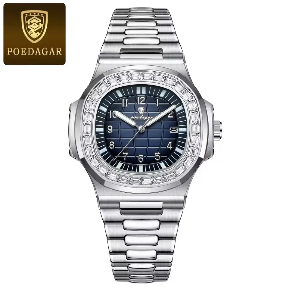 POEDAGAR 918 Luxury Man Quartz Watch Square Watch for Men Waterproof Luminous Stainless Steel Men's Watches Sports Clock Reloj