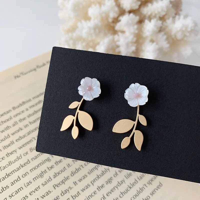 

JUHU New 925 silver needle original design shell earring simple cute temperament flower earrings sweet leaf jewelry for girl, Gold