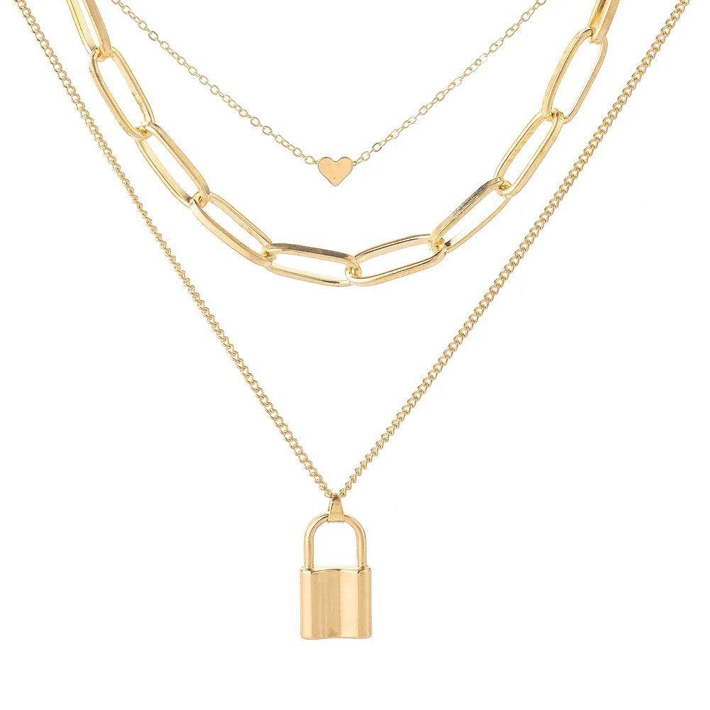 

VRIUA Vintage Chain Heart Lock Pendant Necklace Creative Multi-layered Gold Long Chain Women's Fashion Geometric Alloy Jewelry, Sliver gold
