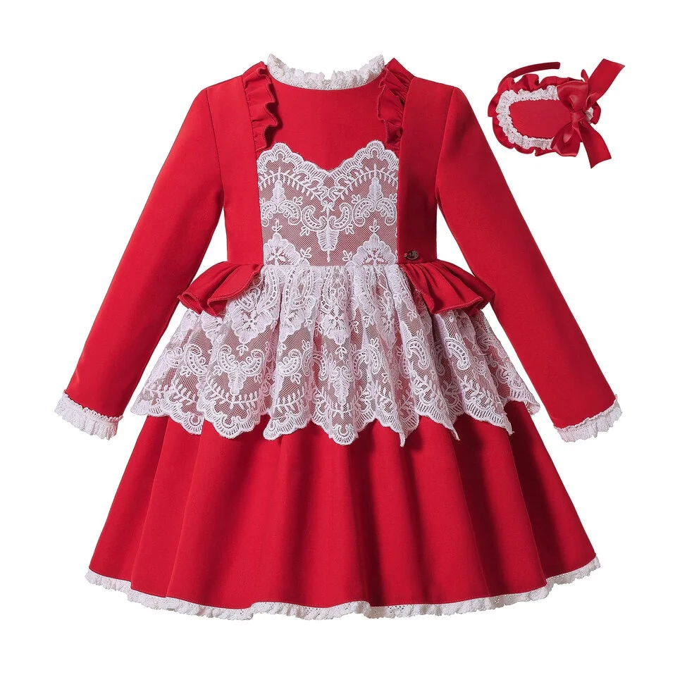 

2021 Pettigirl New popular Lace Dress 10yr Old Girls Dresses Red Princess Dresses for Girls 5 to 10 Years with Headband