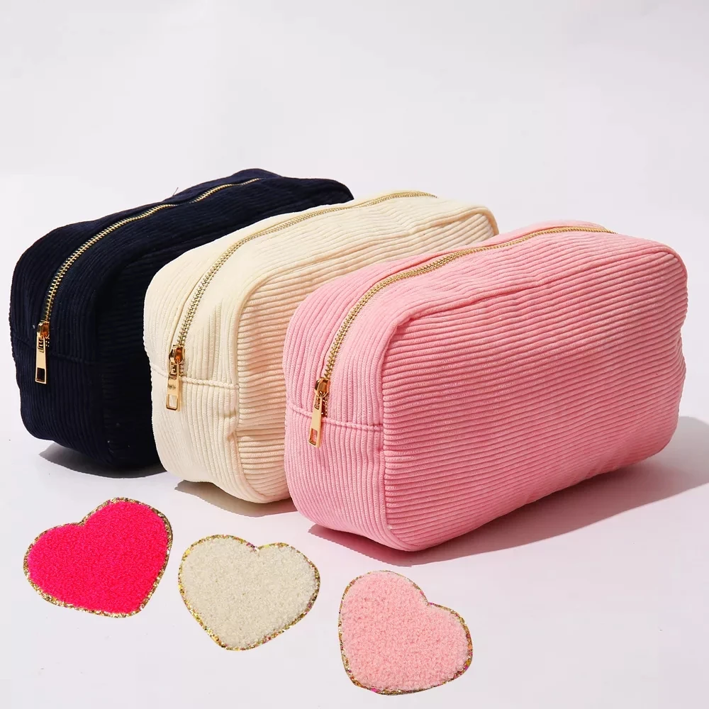 

Keymay 2022 New Trendy Product Custom Toiletry Pouch Pink Corduroy Cosmetic Bag