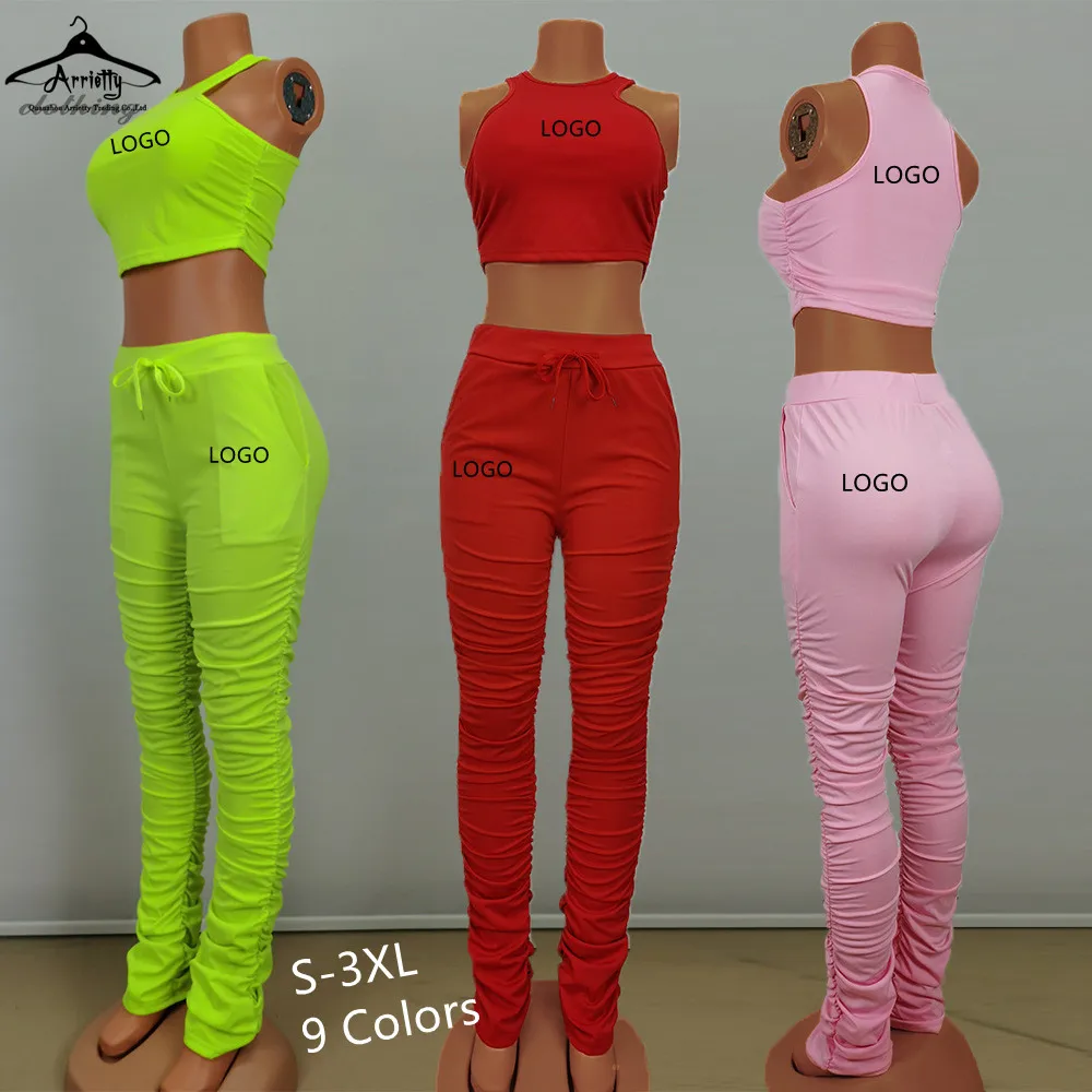 

XS-3XL 2022 summer Women sleeveless vest top and Stacked Pant Sets Tie Pleated Stacked Leggings Flared Pants 2 Two Piece