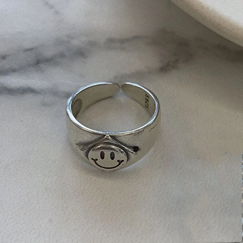 

Trendy 925 Sterling Silver Smiling Face Width Ring for Women Vintage Weaving Party Accessories Hiphop Rock Jewelry Gift, As shown in the figure