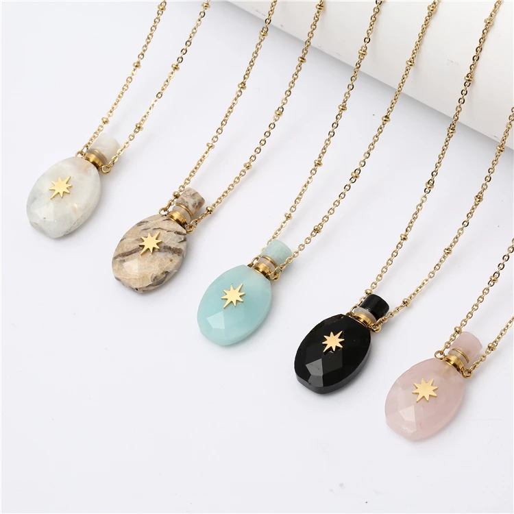 

Natural Stone Round Perfume Bottle Pendant Choker Stainless Steel Chain Crystal Aromatherapy Essential Oil Bottle Necklace, Pink green khaki white black