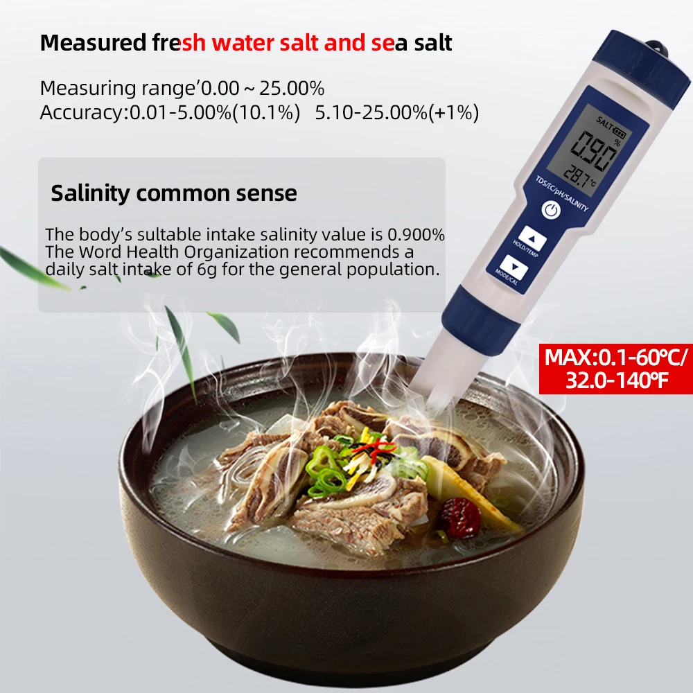 
Digital portable 5 in 1 TDS/EC/PH/Salinity/TEMP Meter Multifunctional water quality tester pen waterproof 9909-SP salinity meter 