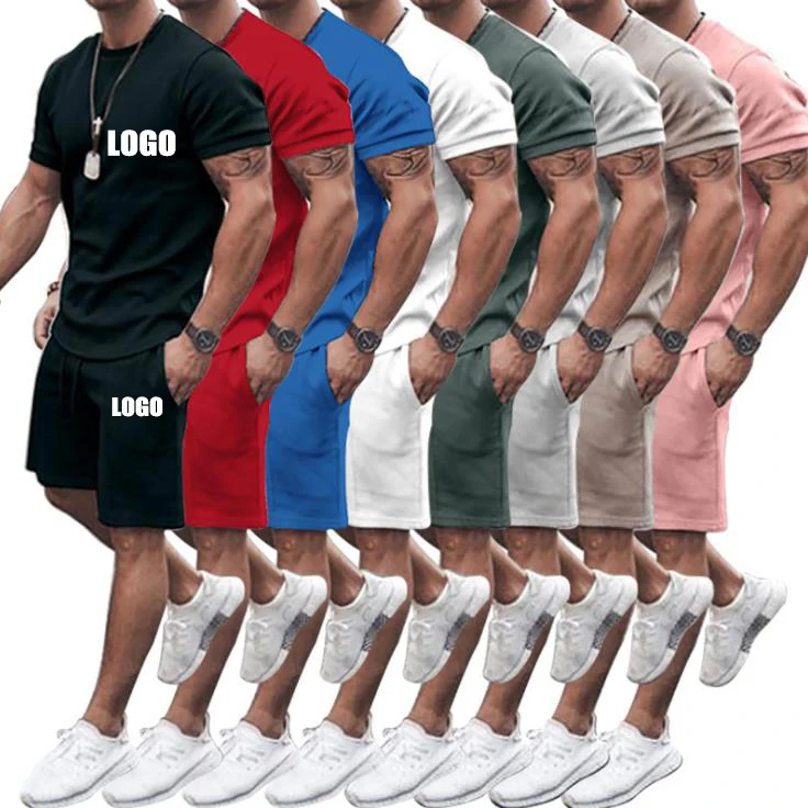 

2021 Custom logo tracksuit sweatsuit private label sweat track suit set shorts pants summer men t shirt and short set for men, 4 colors