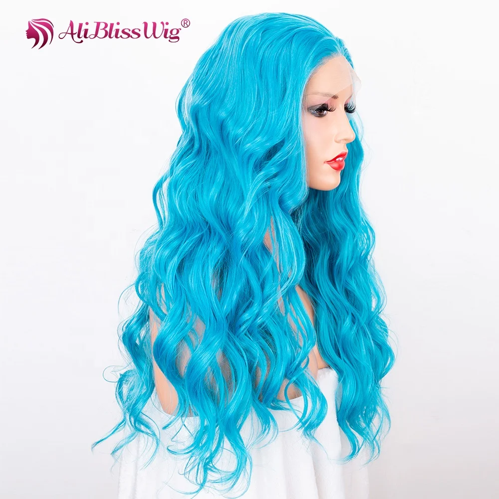 

Aliblisswig Natural Looking Free Parting Wigs Long Body Wave Style Blue Cheap Synthetic Lace Front Wigs For Women Cosplay