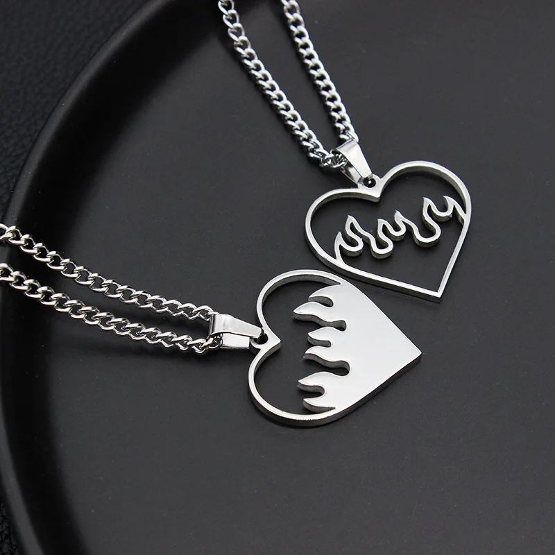 

Stainless Steel Love Flame Lover Necklace Jewelry For Valentine's Day Hip Hop Punk Hollow Pendant Couples Choker Set