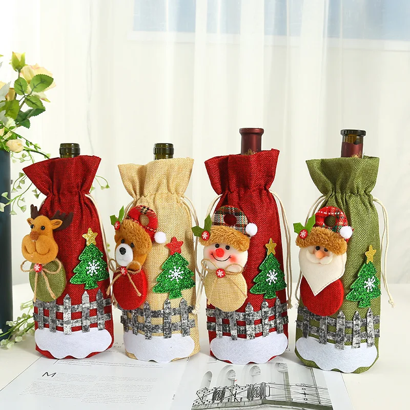 

New Christmas Restaurant Linen Jute Christmas Decorations Old Man Red Wine Drawstring Bag