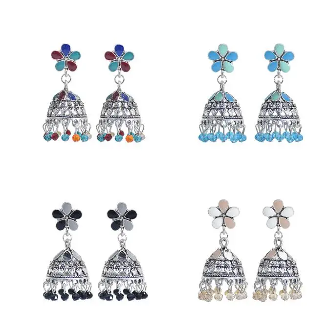 

chandelier earrings Indian Enamel Flower Acrylic Balls Tassel Earrings Boho Statement Earrings, Black,blue,white,red