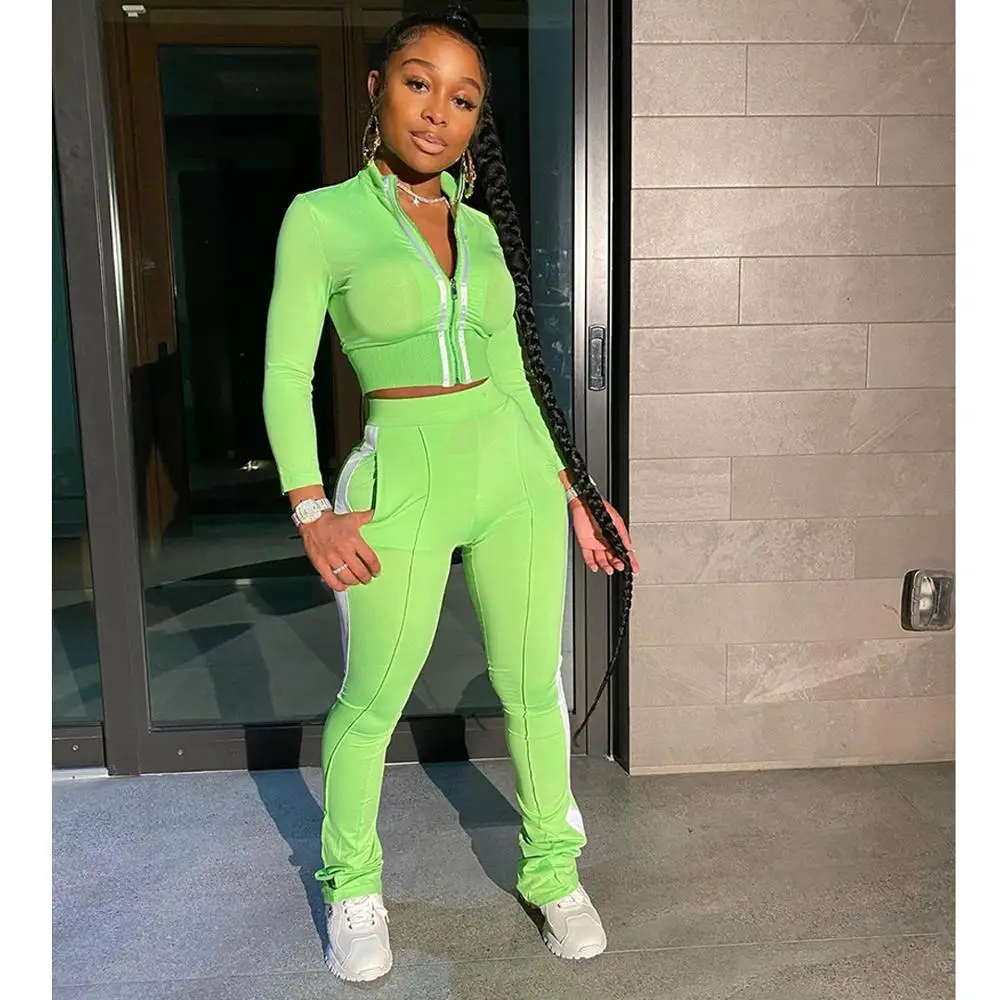 

New Arrival 2020 Zipper Crop Top+Jogger Seat Suit with Reflective Stripe High Quality 2 Piece Set Women Fall Clothing for Sport