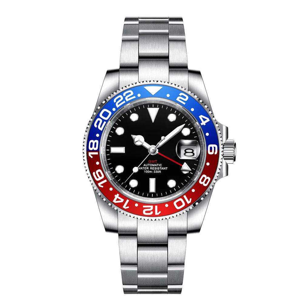

Luxury Men Mechanical Watch Genuine Sapphire Steel Strap GMT Waterproof 10ATM Automatic Business Watch Montre Homme