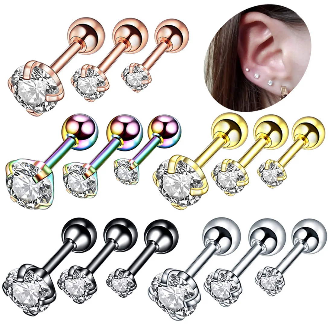 

2021 New Design CZ Hip-Hop Jewelry For Earrings Cubic Zirconia Stainless Steel Screw Stud Earrings Ear Stud for Women Men, Golden sliver