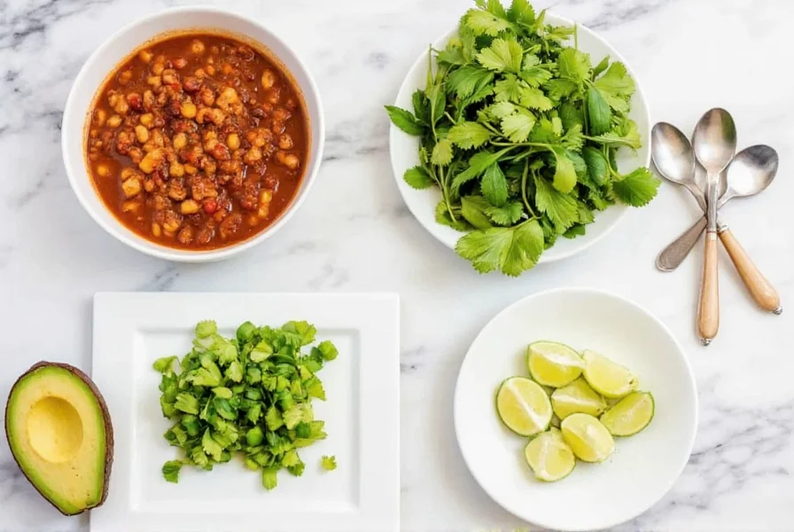 Serving suggestions for chicken chili with various toppings including avocado, cilantro, and lime wedges