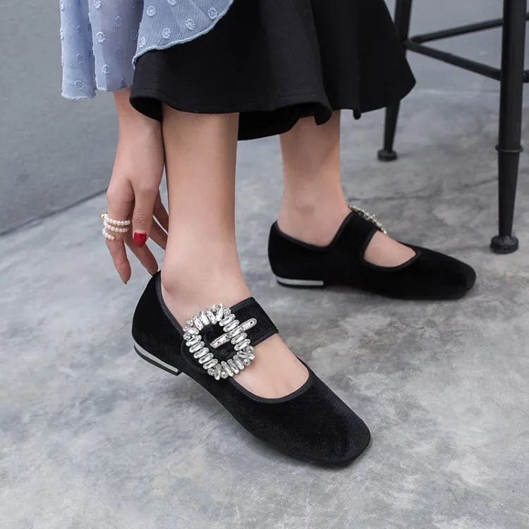 

New flat single shoes square toe bridesmaid all-match diamond work high heels large size women's shoes, Purple,black,red