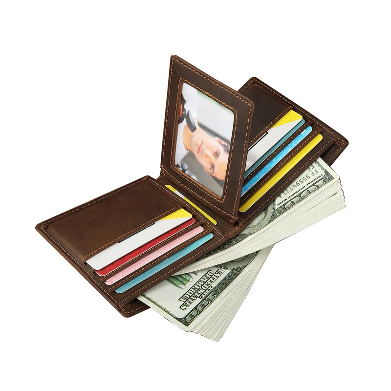 

Wholesale Custom RFID Blocking Gents Crazy Horse Short Wallet Custom Minimalist Slim Bifold Men's Genuine Leather Wallet