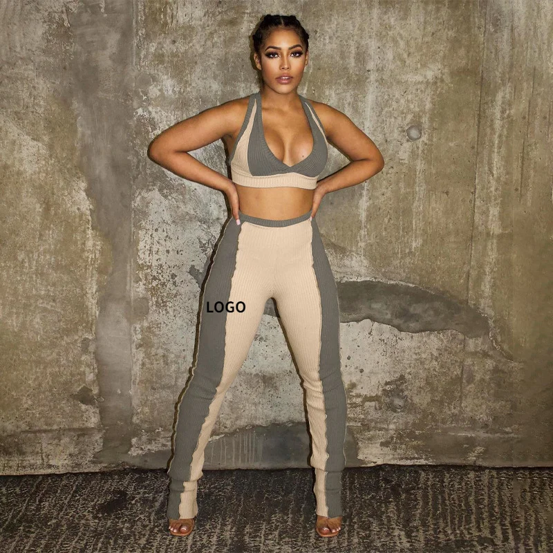 

Sexy High Quality Shockproof 2 Piece Gym Set Colorblock Grey Sleeveless 2 Piece Pants Sets