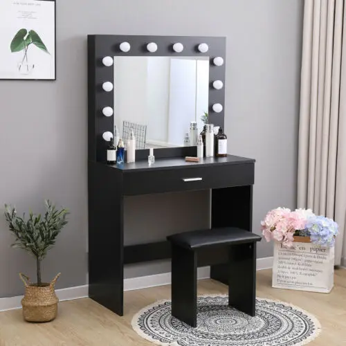 

wooden modern style Mirror Makeup Table modern Drawer Dresser dressing table with Lighted, White/black