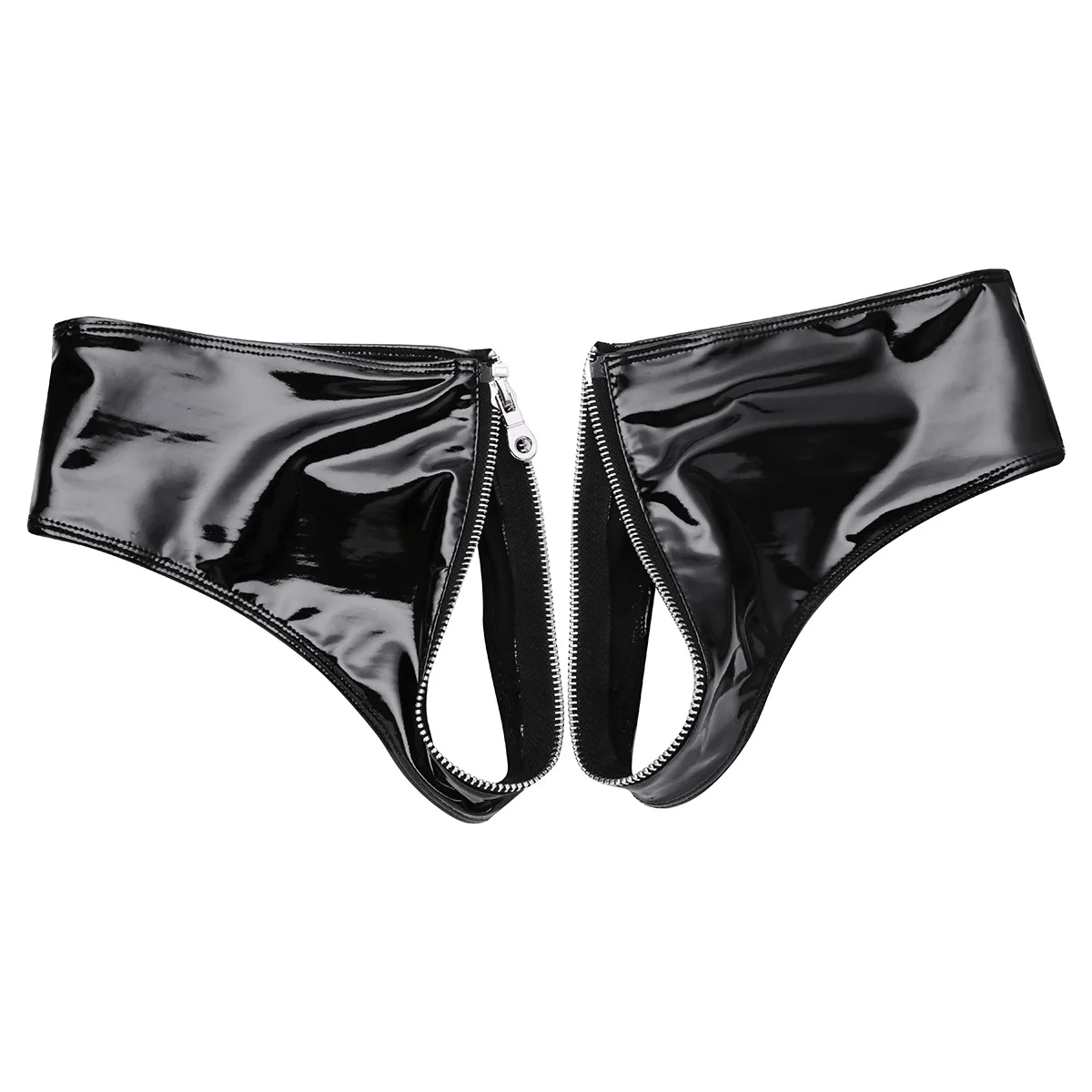 Black Womens Patent Leather Zipper Crotch Lingerie Shiny Low Rise 4447
