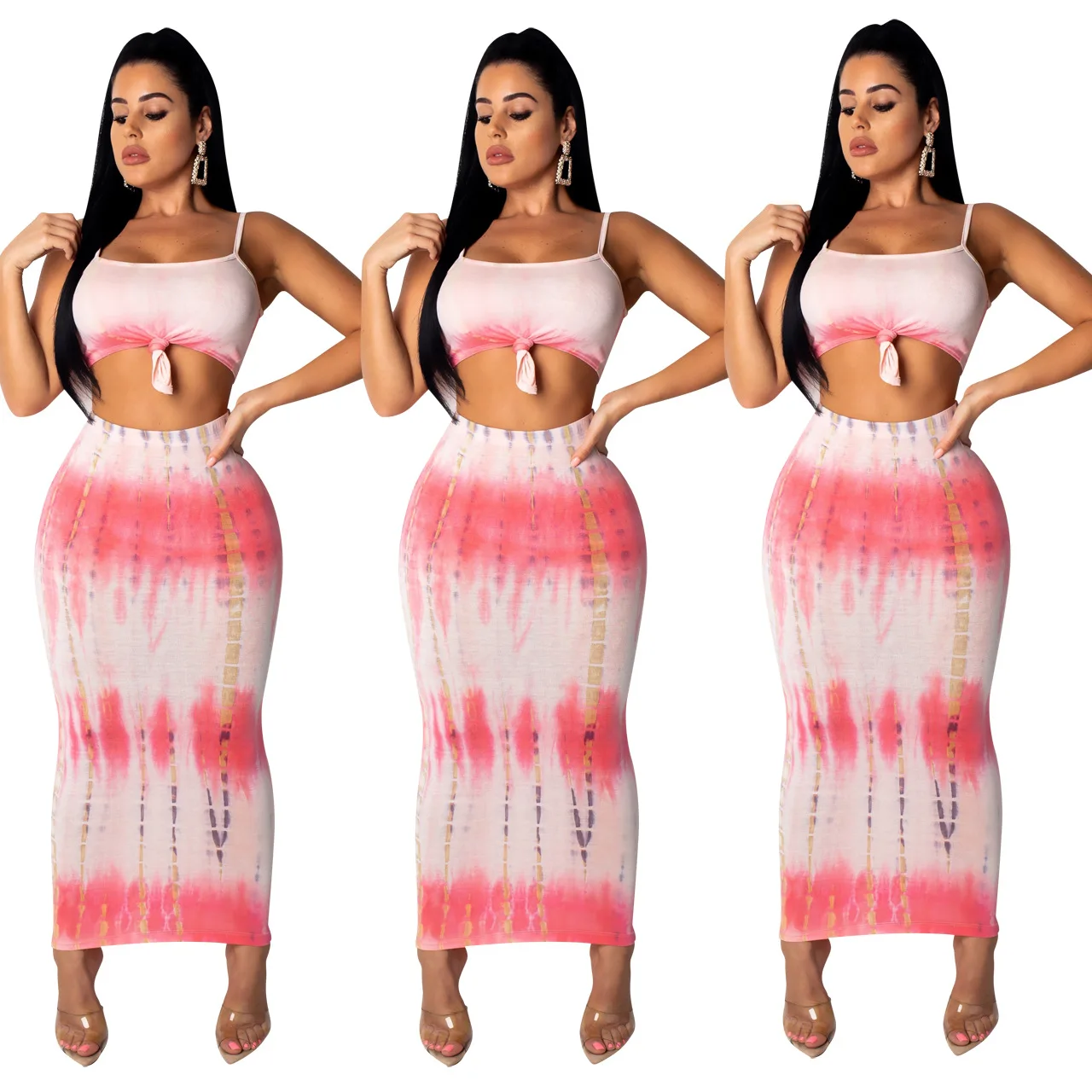 

RsCY1134 Pink tie-dye two piece long skirt sets women sexy hollow-out beach party leisure wear, Shown