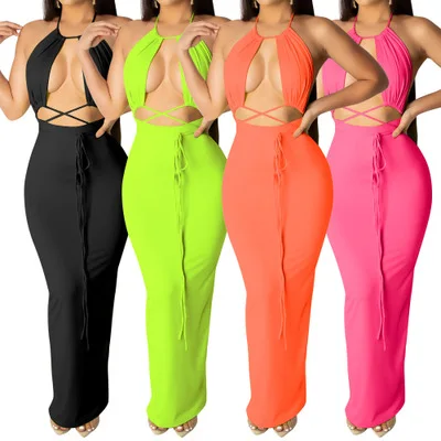 

B52391A Hot sale women sexy backless fashion pure color bandage dress, Black/green/rosy/orange