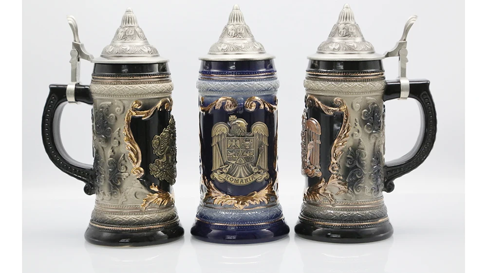 660 Ml Engraved Ceramic Beer Stein Romania With Ornate Metal Lid