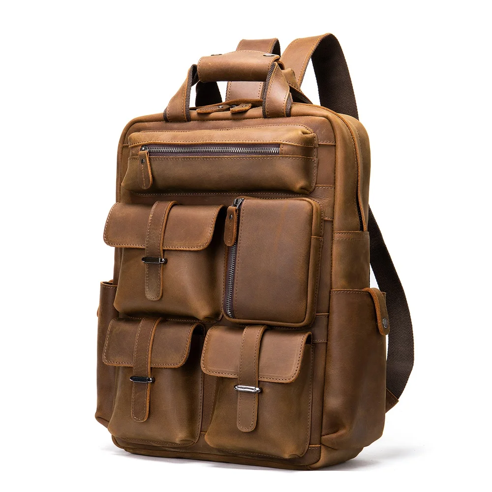 

3506 Crazy Horse Leather Travel Backpacks Men Handmade Shoulder Bag Male computer laptops Genuine Leather School Laptop Bag