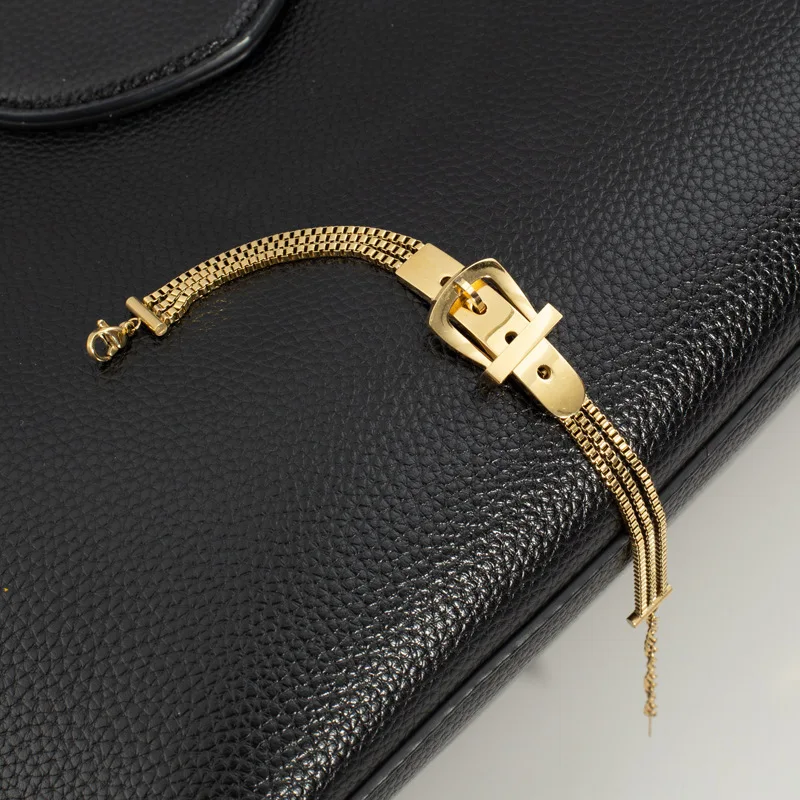 

Fashion New Trendy Gold Plated Titanium Stainless Steel Three Layer Box Chain Belt Buckle Charm Bracelet For Women