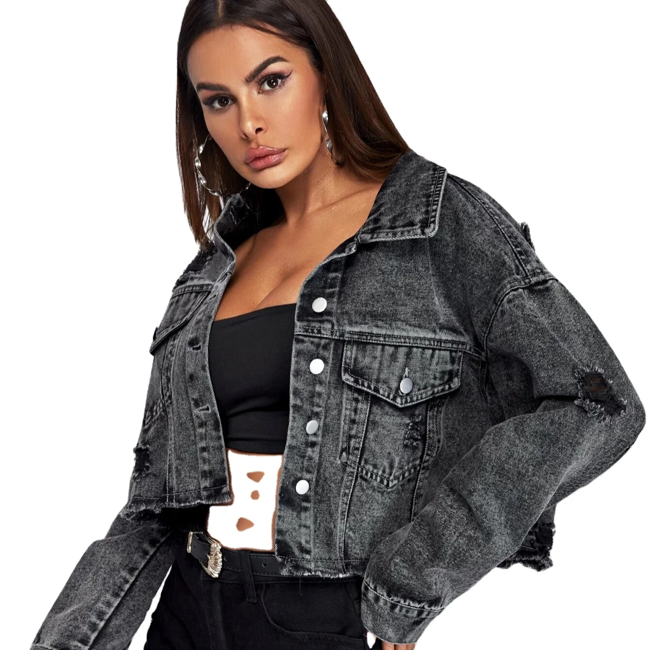 

Rivet Black Denim Jacket Women Short Coat Gothic Jeans Jackets 2021 Spring Outwear Goth Punk Fashion Streetwear outwear