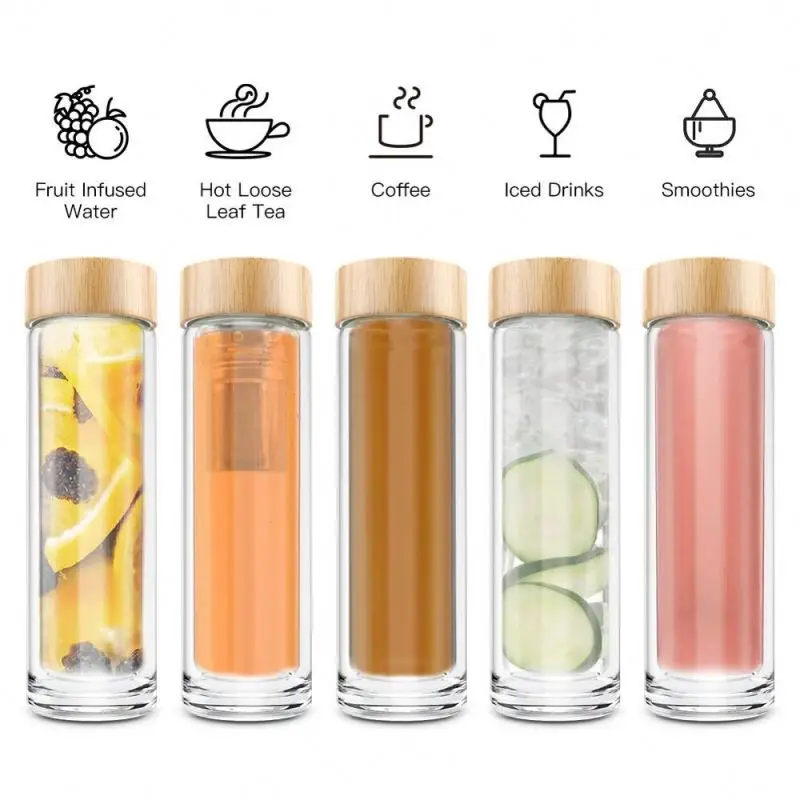 

Double Wall Glass Water Bottle 450ml Bamboo Lid Drinking Glass with Tea Strainer