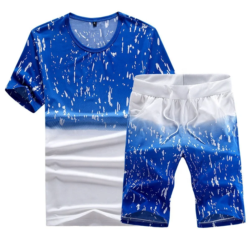 

2021 New male set Men's short sleeve T-shirt and shorts two piece suit snowflake print gradual color casual sports suit