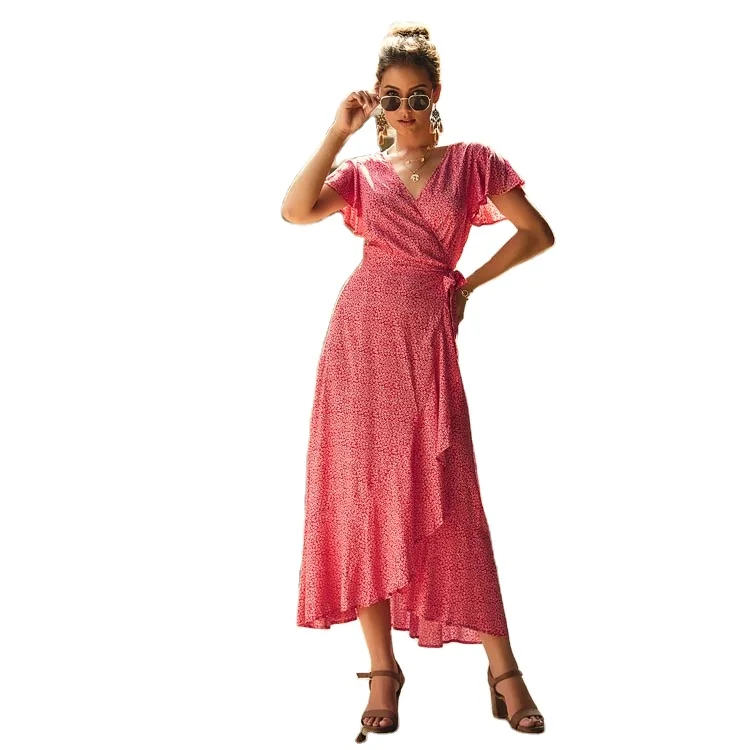 

Wholesale customization 2020 trendy bandage maxi women pleated lace up ruffle party boho floral dresses