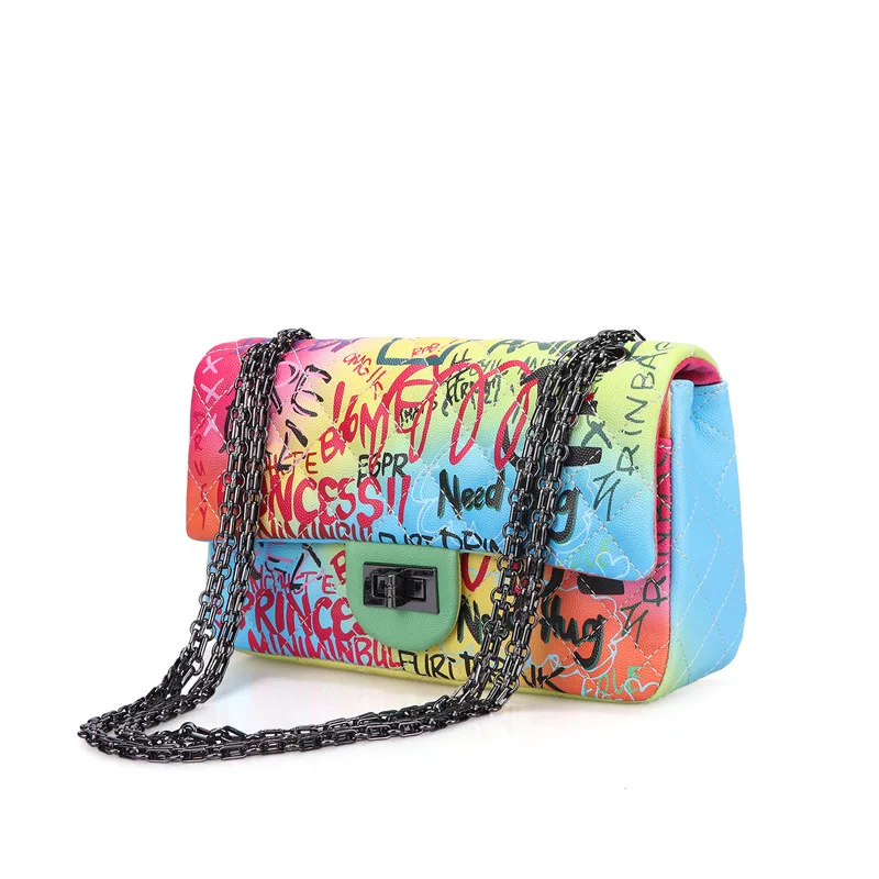 

hot selling women rainbow purse chains graffiti shoulder crossbody bag for lady, Grafiti