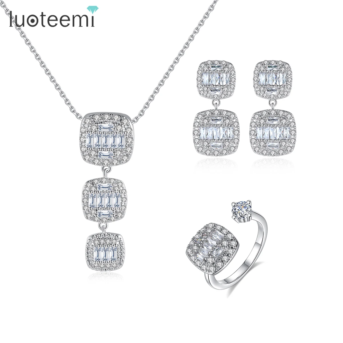 

LUOTEEMI Square Diamond Fashion Bridal Zirconia Jewelry Set Hot Sale Ice Out Clear CZ Jewelry