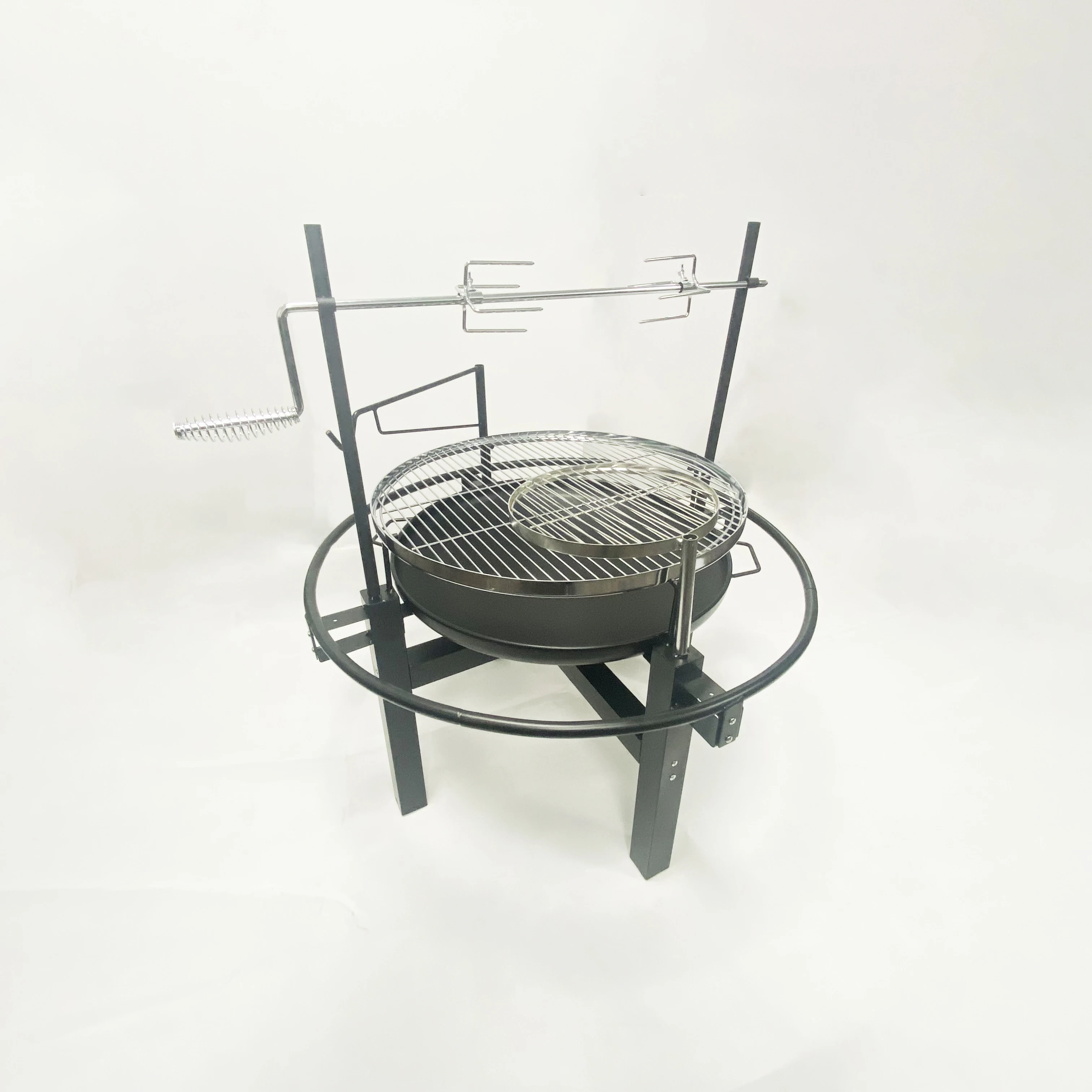 

Sample Free Multifunction Outdoor Stainless Steel Charcoal Barbecue Rotisserie Fire Pit With 2 layers Cooking Grid