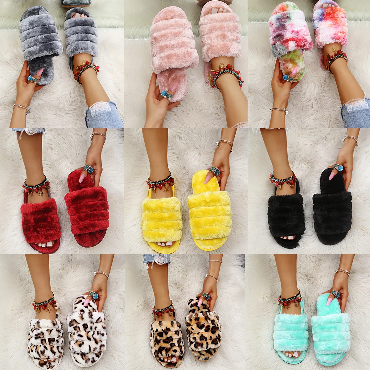 

Fashion Warm Ladies Furry Plush Slippers Leopard Print Outside Wear Cotton Women Winter Slippers, Picture