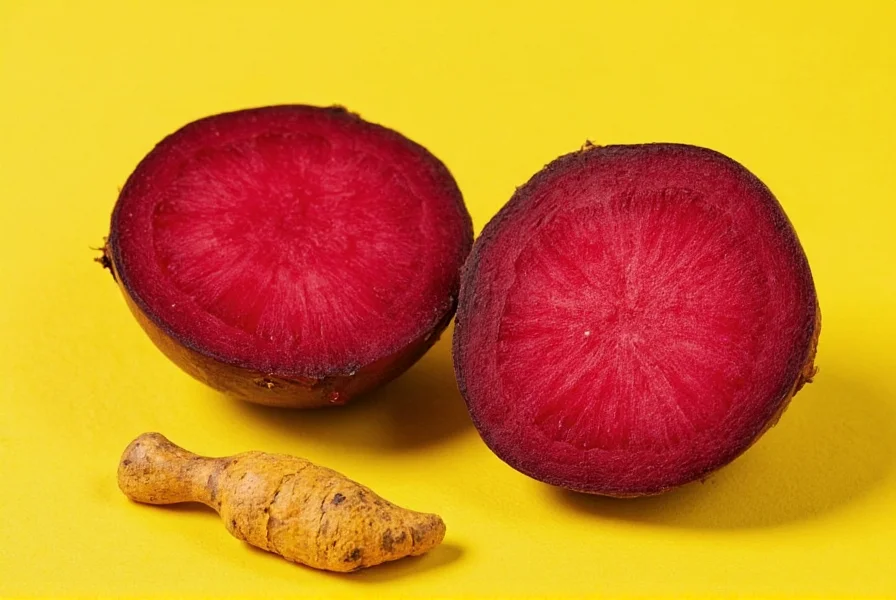 Fresh beets and turmeric root on wooden cutting board