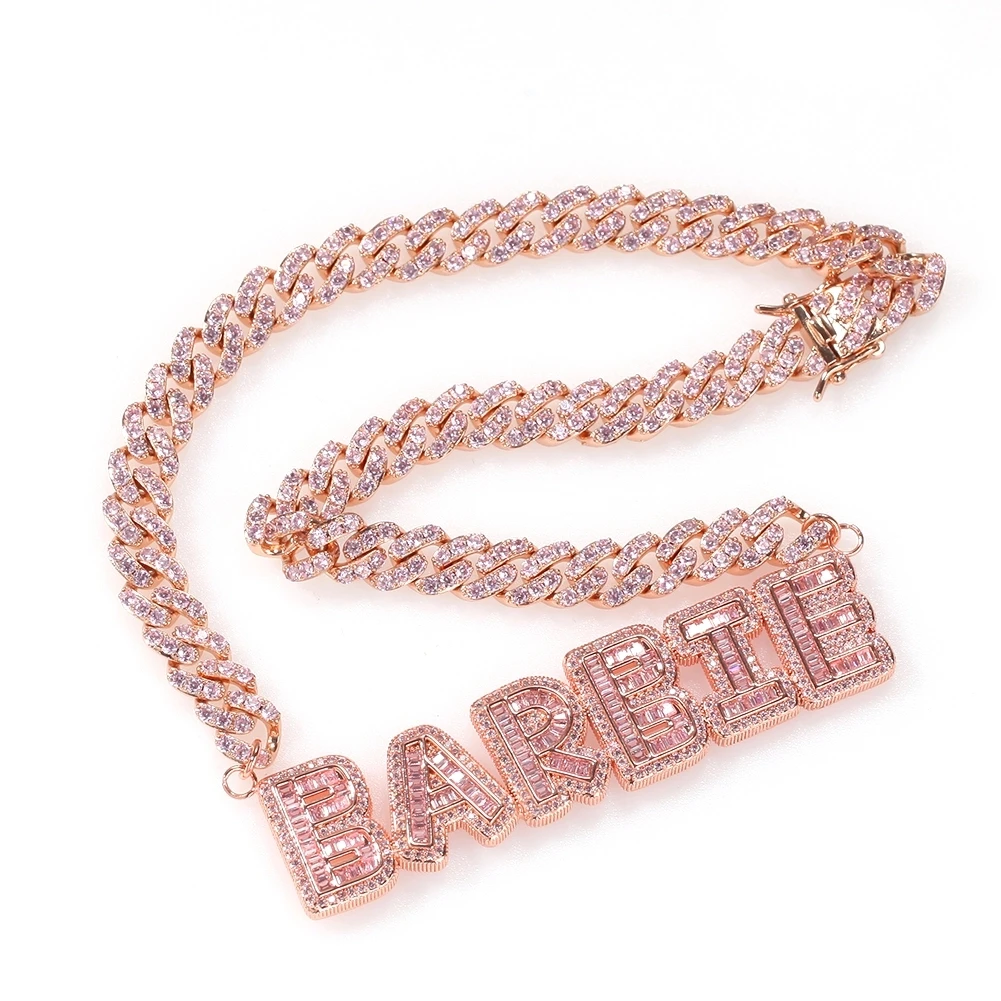 

custom name logo baguette cz letter letters choker design necklace with 8mm cz pink cuban chain necklace/bracelet