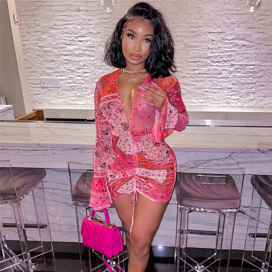

Kliou K21D01342 Mesh Sexy Women Long Sleeve Dress Drawstring Bandage Deep V Skinny Mini 2021 New Casual Party Club Dress