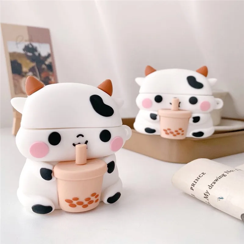 

Cartoon Cute Earphone Charging Case Silicon Cover Milk Tea Cow Designer Soft Silicone Case for Airpods 1 2 3 Pro for Airpods 3