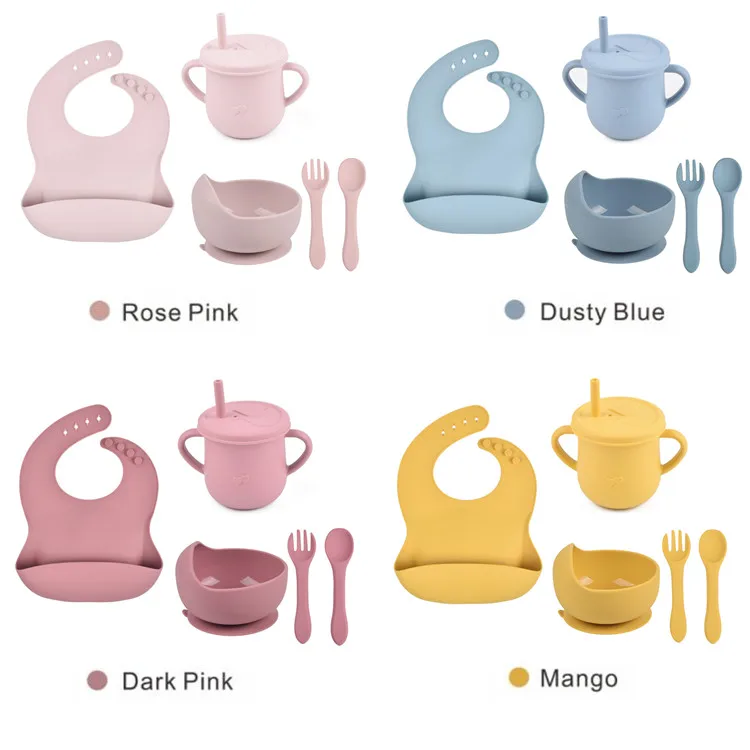 

5 Pack Silicone Feeding Set Silicone Sippy Cup Baby Bib Spoon Fork Bowl Baby Supplies & Products Baby Silicone Feeding Set, 28 colors for your choice