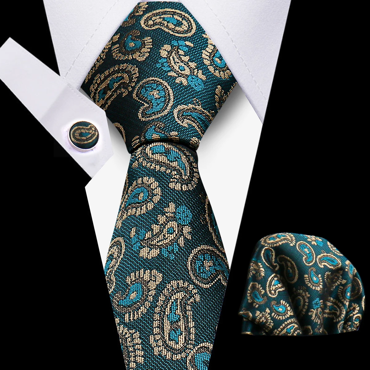 Wholesale Paisley Green Polyester Neck Tie Business Neckties for Men Silk Ties With Handkerchiefs