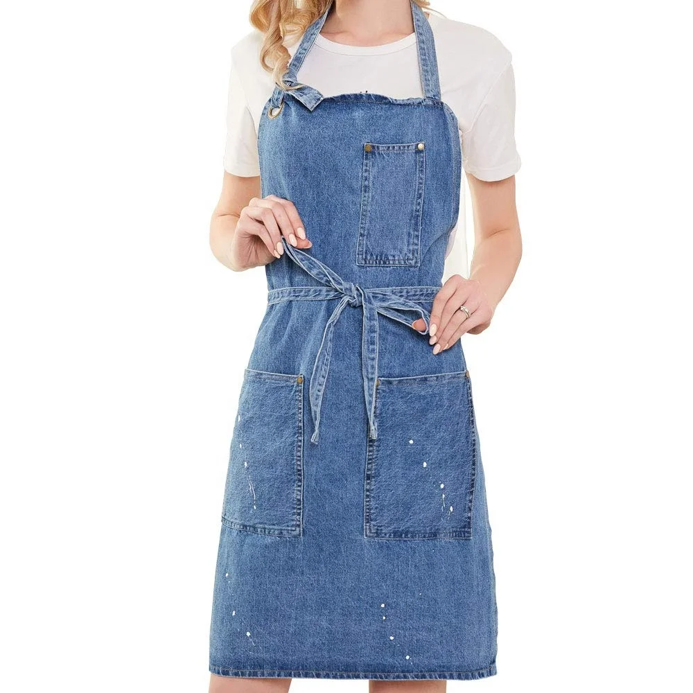 

wholesale adjustable denim jean kitchen apron with pockets for women men