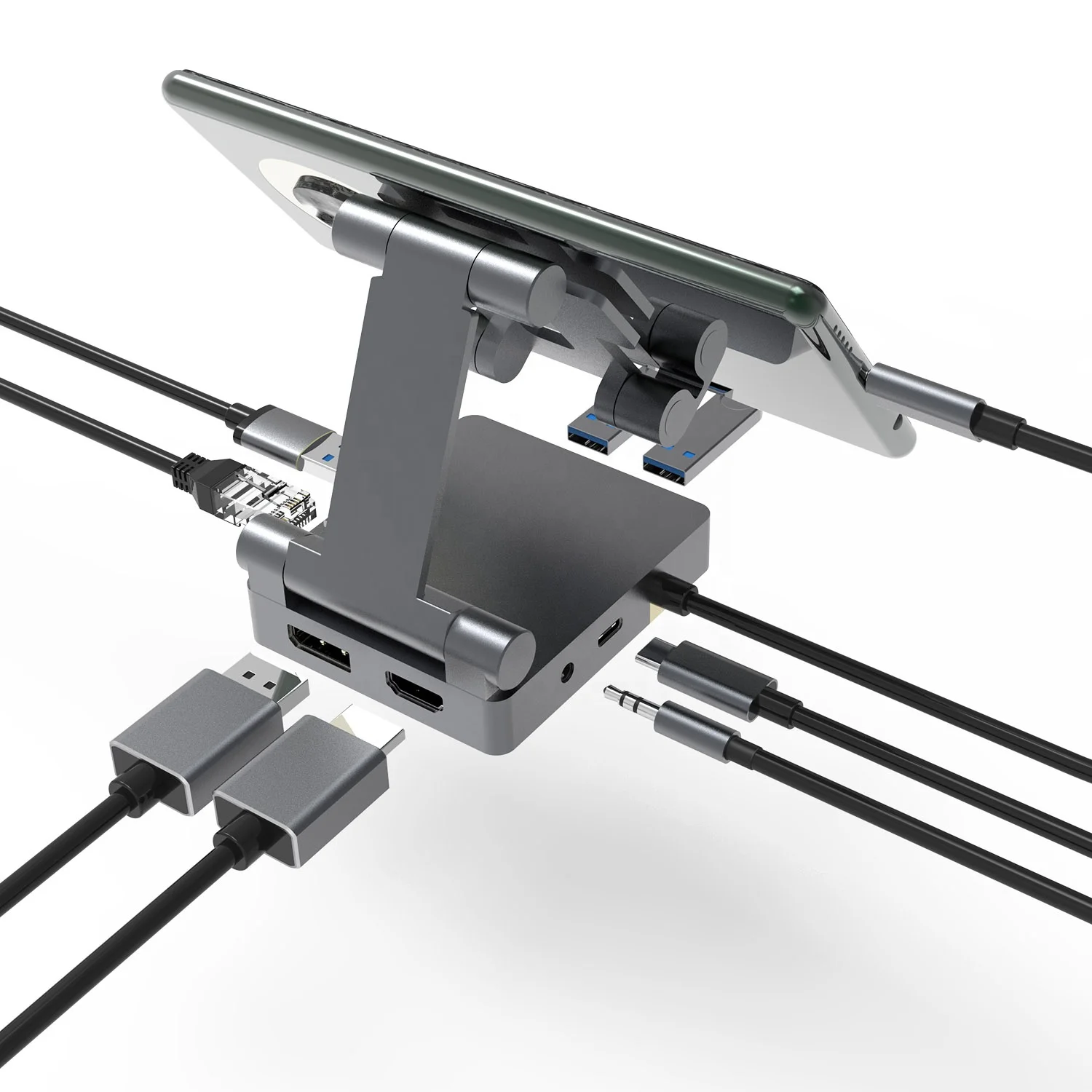 

8 in 1 Foldable mobile phone stand smartphone holder multi-function USB-C stand phone holder phone charger, Grey