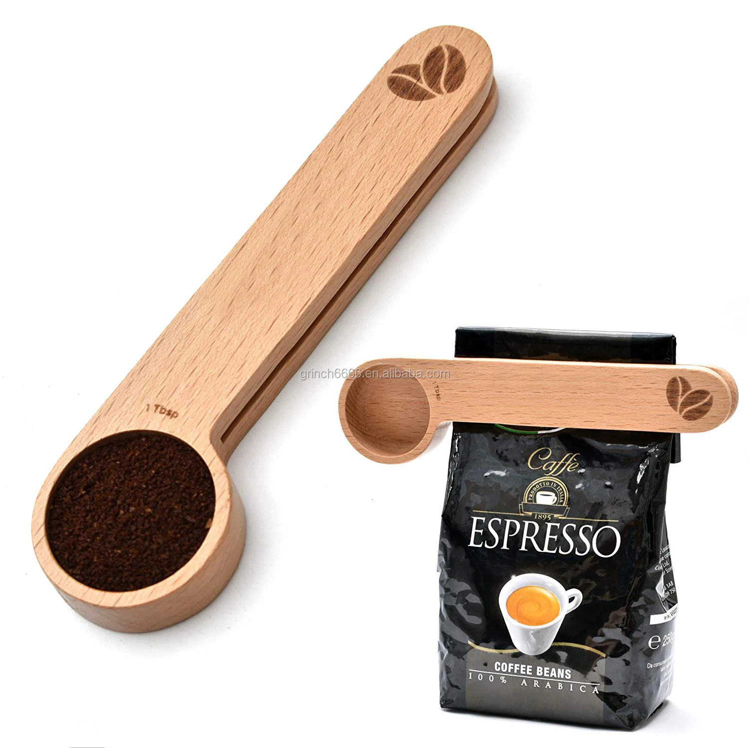 

2 in 1 Wooden Coffee Scoop and Bag Clip 1 Tablespoon Solid Beech Wood Measuring Scoop Espresso Coffee Bags Sealer, Customized