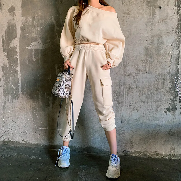 

Custom Logo Womens Crop Cotton 2 Pieces Jogger Off Shoulder Hoodies Sweatshirts Set, Beige,dark gray,black