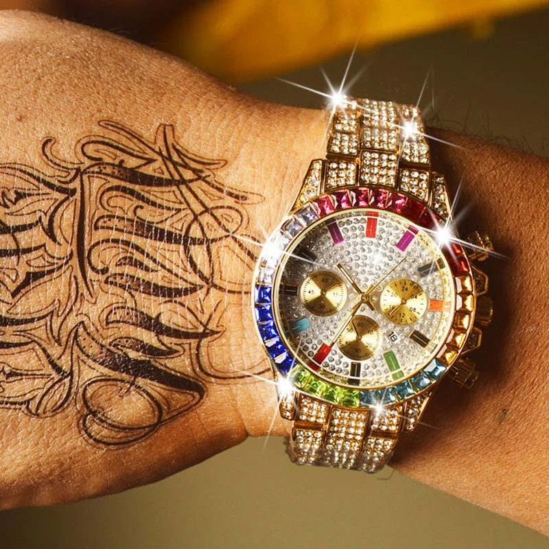 

8419 Iced Out Watch Men Luxury Colorful gold Full Diamond Mens Watches Quartz hip hop watches bling