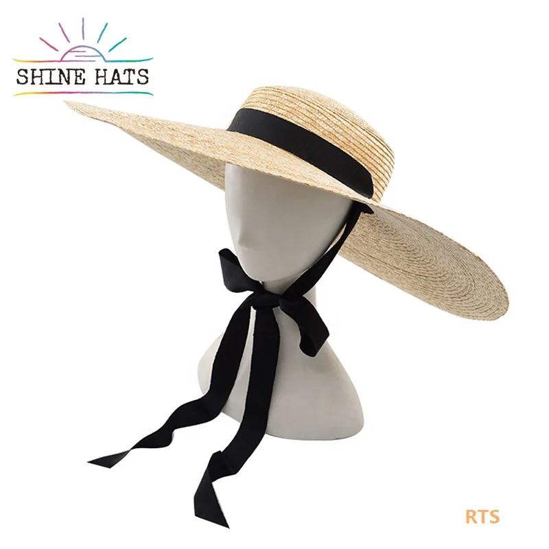 

2022 Boater Ribbon Flat Top Straw Hat Luxury Wheat Natural Sun Beach Wide Brim Summer Women Ladies Custom Designed Logo sombrero