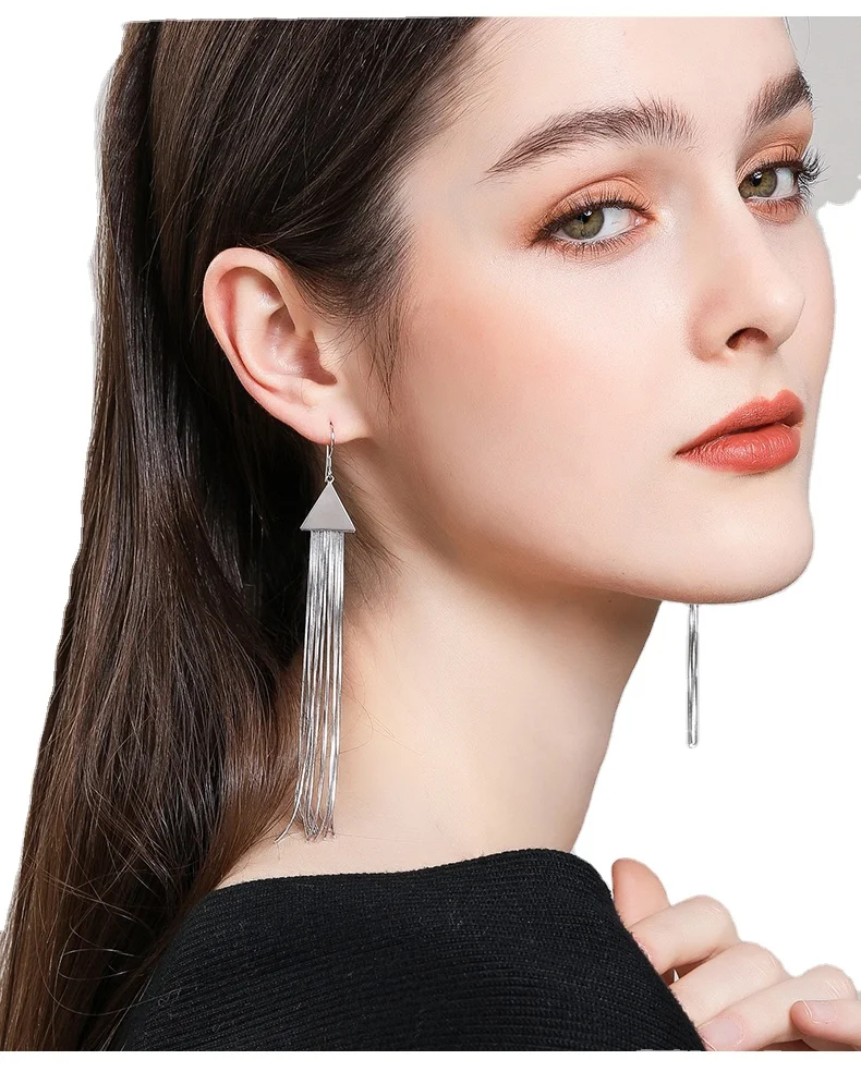 

Energinox Exquisite Triangle Design Sparkle Chain Silver Long Tassel Earrings